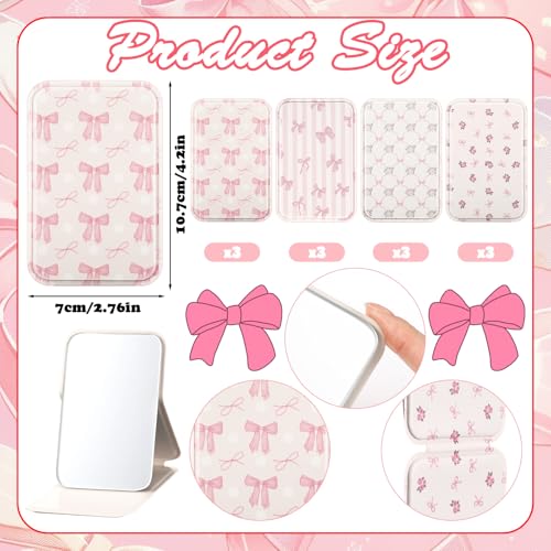 Geelin 12 Pcs Compact Mirror Bulk Mini Pocket Mirrors for Women Travel Folding Mirror Portable Hand Mirrors for Party Gift Camping Office Home(Pink Bow)