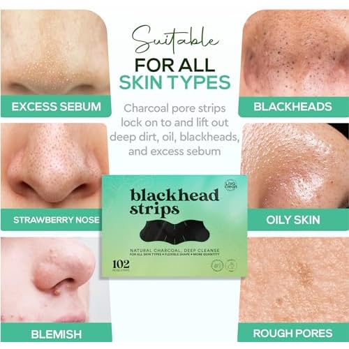 LivaClean (102 Strips Charcoal Blackhead Remover Pore Strips for Face Nose Pores, Blackheads Removal, Blackheads Removers, Blackhead Remover Strip