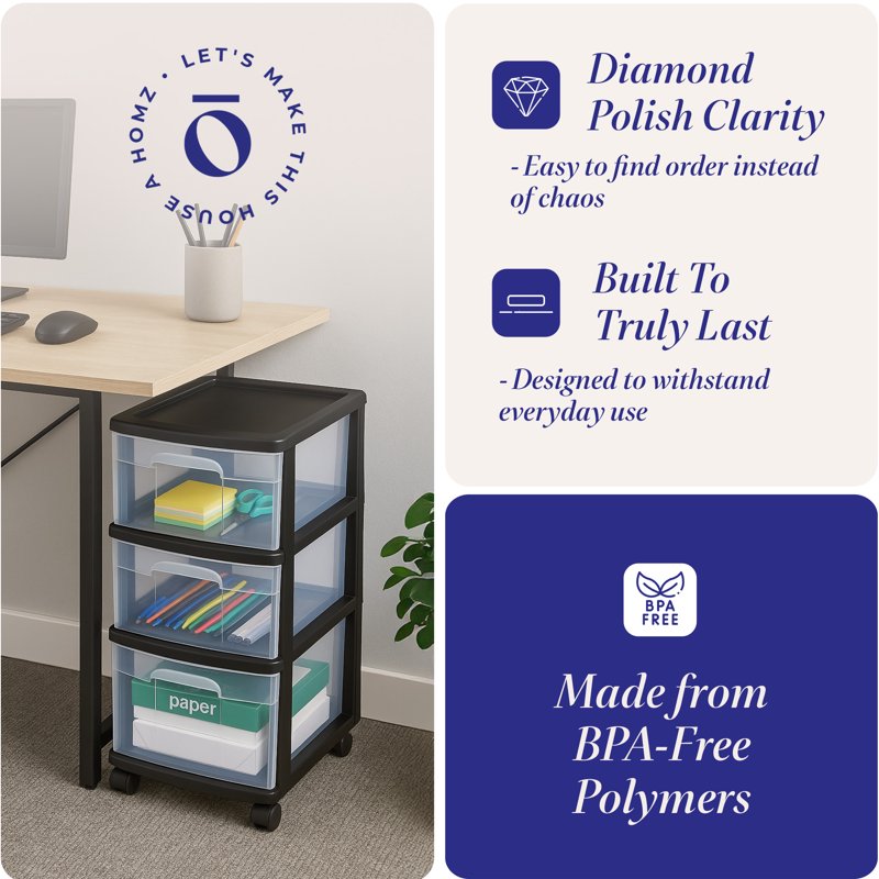 3-Drawer Mobile Cart Organizer with Removable Wheels, Medium Storage