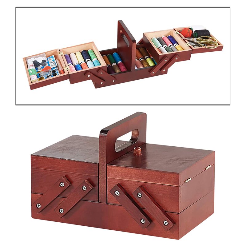 Expandable Wooden Sewing Basket with Handle - Red, 9.45 x 5.31 x 5.91 inches