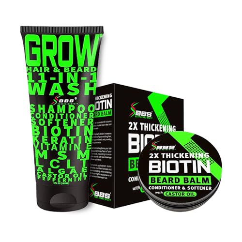 Beard Growth Kit w/ 2X Thickening Biotin Beard Balm for Men & Mustache Wax + GROW 11-in-1 Mens Shampoo & Conditioner (Hair Growth Shampoo for Men w/Biotin) - Formulated in America