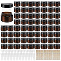 64 Pcs 1oz Glass Jars with Lids, Small Cosmetic Containers Bulk Amber Tins Glass with Inner Liners, Facial Mask Spoons, and Labels for Travel Lotions, Creams, and Candles (Black Lid)