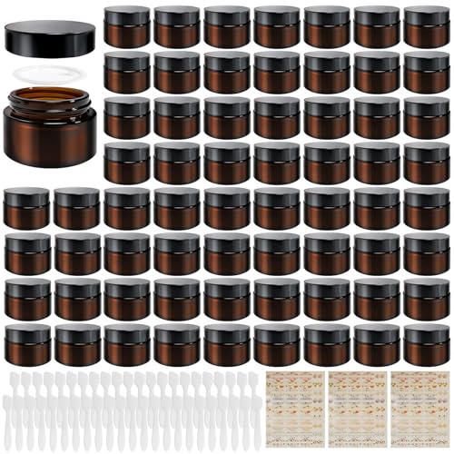 64 Pcs 1oz Glass Jars with Lids, Small Cosmetic Containers Bulk Amber Tins Glass with Inner Liners, Facial Mask Spoons, and Labels for Travel Lotions, Creams, and Candles (Black Lid)