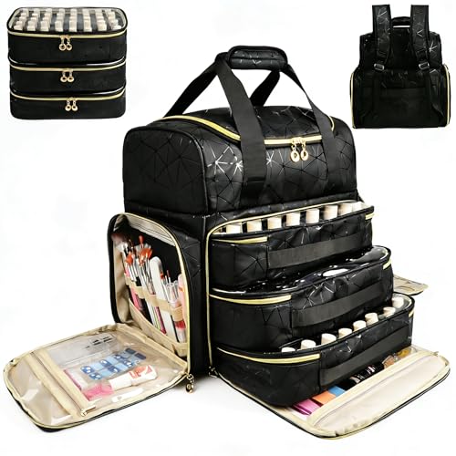 Nail Polish Organizer Backpack Holds 130 Bottles (15ml/0.5fl.oz)& Nail Lamp, Extra Large Nail Kit Storage Bag with 3 Removable Carrying Cases, Nail Tech Supplies Organizer Case for Women Black