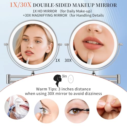 FUNTOUCH 30X/1X Wall Mounted Lighted Makeup Mirror, 5000mAh Rechargeable 9" Double Sided Magnifying Bathroom Mirror, 3 Color Modes Touch Dimmable Extended Arm 360 Rotation with Adapter,Chrome