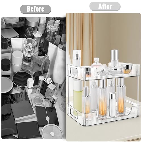 2-Tier Bathroom Counter Organizer Countertop Storage, Dresser Organizer Vanity Tray for Makeup, Perfume Organizer Cosmetics Skincare Shelf- Clear