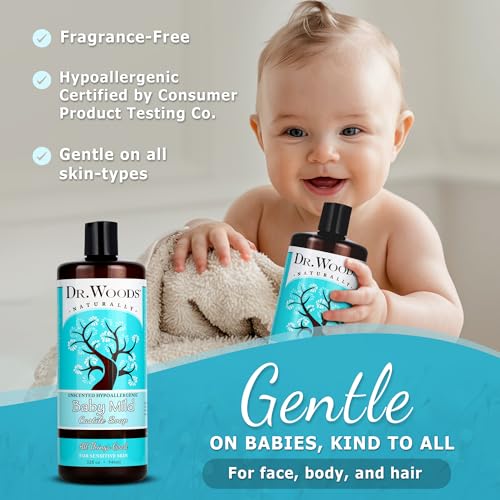 Dr. Woods Unscented Baby Mild Liquid Castile Soap - Natural Soap for Sensitive Skin, Gentle Cleanser with Hemp Oil and Vitamin E - Paraben, Sulfate, and Phthalate Free - 32 Fl Oz