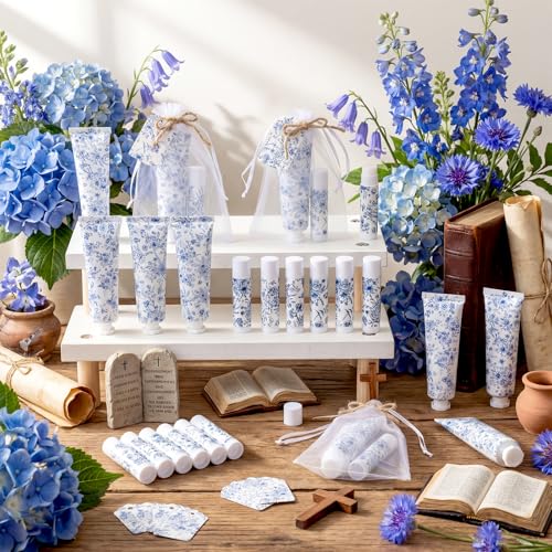 Loopeer 36 Sets Blue Floral Bridal Shower Hand Cream and Lip Balm Gift Bulk Blue Flower Wedding Favors Travel Size Hand Lotion and Lip Balm Wedding Bridal Baby Shower Party Supplies for Guests