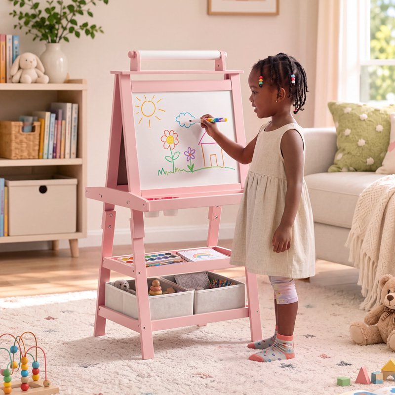 3-in-1 Kids Art Easel with Whiteboard Chalkboard and Paper Roll - Pink, Grey, White, Coffee