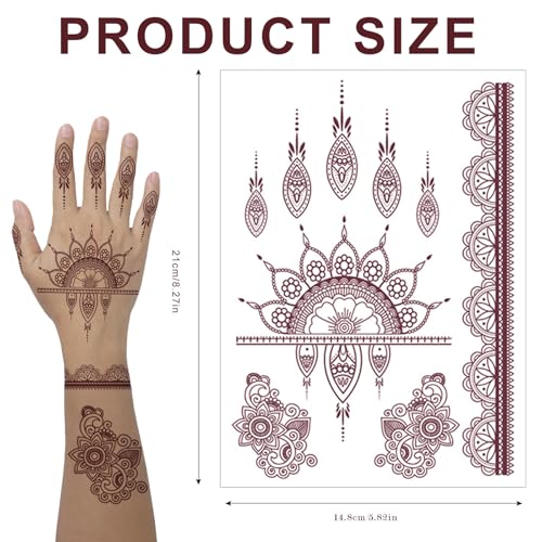 12 Sheets Brown Henna Tattoo Kit, Waterproof Tattoo Stickers for Women Wedding Party Body Art Stickers