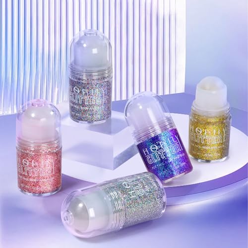 Roll-on Holographic Body Glitter Gel for Face Hair, Chameleon Color Changing Glitter Gel Under Light, Chunky Mermaid Sequins Festival Party Rave Accessories Shimmer Makeup (Gold)