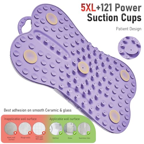 Shower Back Scrubber Wall Mounted for Women XXL | Silicone Bath Body Brush Massage Scratcher Mat with Back Support Anti-slip Suction Cups | Exfoliating Skin Care Luxury Bathtub Cushion Pad Purple