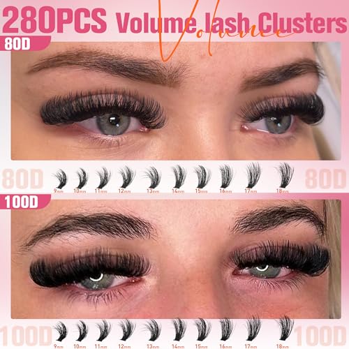 EYDEVRO Fluffy Lash Clusters Kit 80D100D Volume Lash Extension Kit 280 Pcs Left/Right Cluster Eyelash Extension Kit D Curl Thick Mega Lash Clusters with Waterproof Lash Bond and Seal and Lash Tweezers