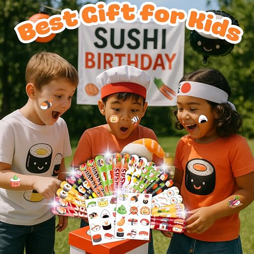 48PCS Sushi Party Set - 24PCS Temporary Pre - cut Tattoos & 24PCS Slap Bracelets - Fun Food-Themed Birthday Supplies, Baby Shower Gifts, Classroom Rewards & Party Decor for Kids (Boys & Girls)