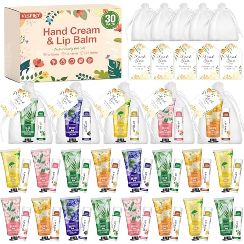 30 Pack Bulk Hand Cream and Bulk Lip Balm Sets, Easter Basket Stuffers, Wedding Favors for Guests with Thank You Card and Organza Bags, Mothers Day Gifts, Teacher Appreciation Gifts and Nurse Gift