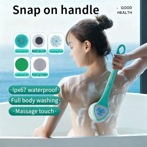 Electric Bath Scrubber, Silicone Body Scrubber, Multifunction Electric Silicone Shower Brush with Massage and Long Handle, Body Cleaning and Massage Scrubber with 3 Gear Speeds