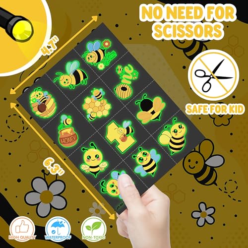 72 PCS Bee Party Favors ? 48 PCS Luminous Tattoos & 24 PCS LED Finger Lights Combo ? Birthday Goodie Bag Fillers, Party Supplies, Gifts Light Up Toys Glow In The Dark for Boys and Girls