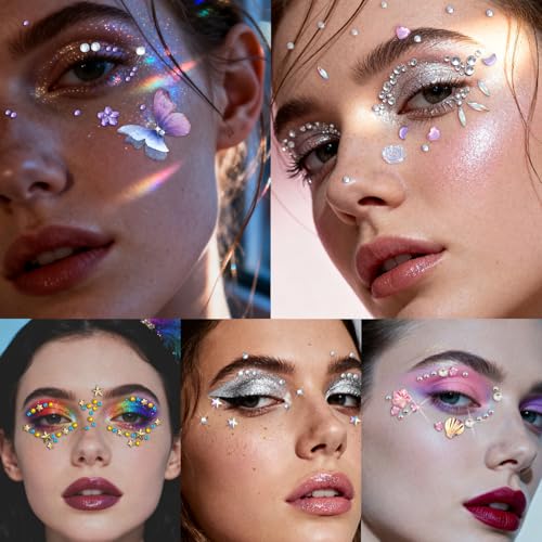 Face Gem Stickers,12 Sheets Self-Adhesive Face Rhinestones for Makeup,Acrylic Bling Decorative Diamond Stickers,3D Butterfly Seashell Stick on Gems,Face Jewels for Women,Gem Sticker Crafts for Kids