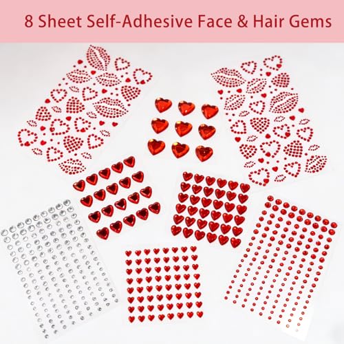 Red Heart Kiss Face Gems Self-Adhesive Rhinestone Red Lip Hair Gems Valentine's Day Face Jewels Stickers On for Rave Accessories Makeup Concerts
