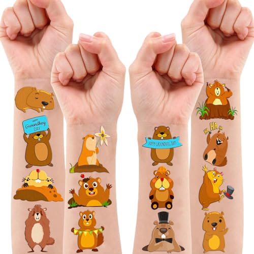 96PCS Happy Groundhog Day Temporary Tattoos Themed Birthday Party Decorations Favors Supplies Decor Cute Spring Festival Animals Tattoo Stickers Gifts For Kids Adults Boys Girls School Prizes Holidays