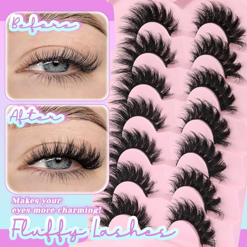 Losha Lashes Volume False Eyelashes Fluffy Cat Eye Lashes 7 Pairs Crisscross Lashes Strips 8-18mm Thick Fake Eyelashes 3D Faux Mink Lashes (FC03)