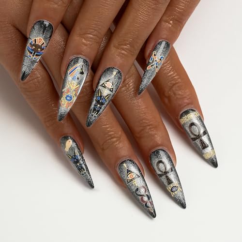 FORBELOVED NAILS.Glitter Cat Eyes Silvery Y2K Handmade Press On Nails,Long Stiletto Glue On Nails,Hand-Painted Gold Foil Bastet False Nails For Women And Girls,10Pcs/Set With Glue,(Silvery-L),FOB