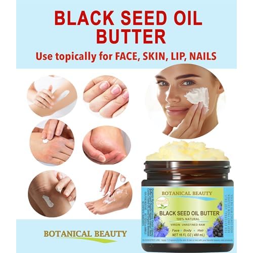 Botanical Beauty BLACK SEED OIL BUTTER 100% Natural Pure Virgin Unrefined Raw for FACE, SKIN, BODY, HAIR, NAILS, DRY SKIN. Organic Black Seed Oil, Shea Nut Butter, Vitamin E, Beeswax. 4 Fl oz 120 ml