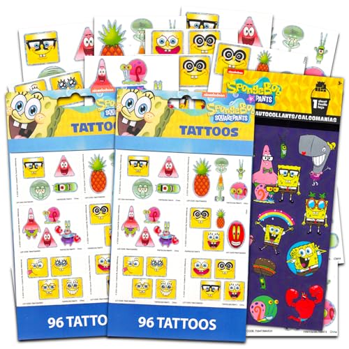 Spongebob Squarepants Temporary Tattoo Set for Kids - 192 Pcs Spongebob Party Favors Tattoos For Goodie Bags Plus Bonus Spongebob Stickers (Spongebob Party Supplies Bundle)