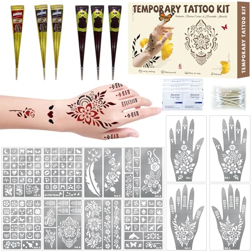 136 Pieces Henna Tattoo Stencil Kit, Temporary Tattoos Stencils Kit with 6 Pcs (Brown/Black/Red) Ink, DIY Face Body Art Painting Kit for Festivals Wedding Party
