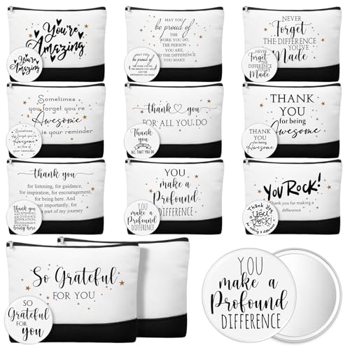 Paterr 20 Pcs Thank You Gift Bulk Employee Appreciation for Women Inspirational Canvas Makeup Bags with Zipper and Mini Compact Mirrors Gift for Coworkers Staff Nurse Girls Teacher Friend