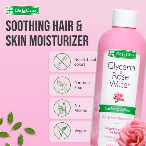 De La Cruz Rose Water and Glycerin for Face - Rosewater Facial Toner and Moisturizer for Skin and Hair 8 fl oz (236 mL) - 12 Bottles