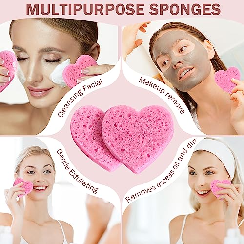 Dandat 300 Count Compressed Facial Sponges Heart Shape Face Sponges for Cleansing Natural Facial Exfoliating Pads for Estheticians(Pink)