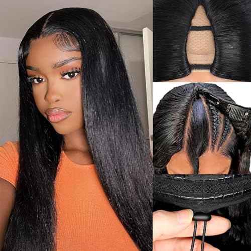 V Part Wig Human Hair Straight Vpart Human Hair Wig Upgrade U Part Glueless Half Wigs Human Hair Clip in V Part Wig Glueless With Elastic Drawstring No Leave Out for Women Beginner Friendly 18 Inch