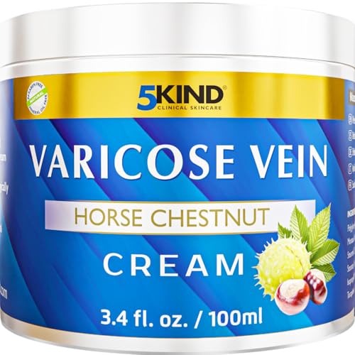 Varicose Veins Treatment for Legs 3.4 Fl Oz - Horse Chestnut Cream for Varicose Veins with Zinc, Avocado & Arnica - Improve the Appearance & Feel of Varicose Veins - Varicose Veins Cream by 5Kind