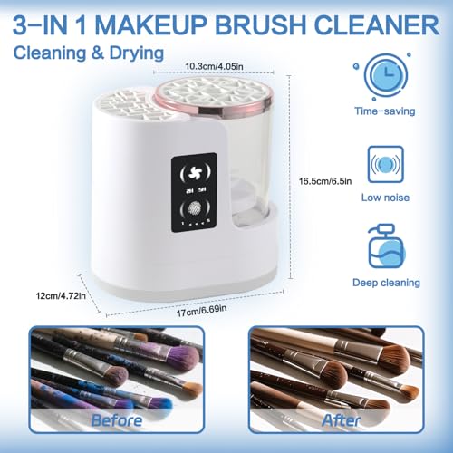3 in 1 Makeup Brush Washer Electric Makeup Brush Cleaner Machine & Dryer & Holder Combined, Portable USB Deep Cleaning for All Size Beauty Makeup Brush Set and Sponges Efficient Wash & Dry