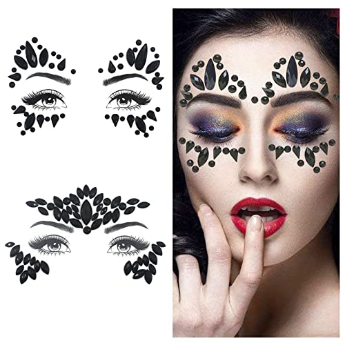Black Face Sticker Shiny Forehead Sticker DIY Face Decoration Face Gems Rhinestone Sticker 2Pieces