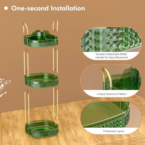 Awenia Rotating Makeup Organizer 360, Stackable Adjustable Large Capacity Cosmetic Storage Unit,Dresser Bathroom Kitchen Countertop Organizer with Metal Handle, Plus Size (Gem Green, 3 Tier)