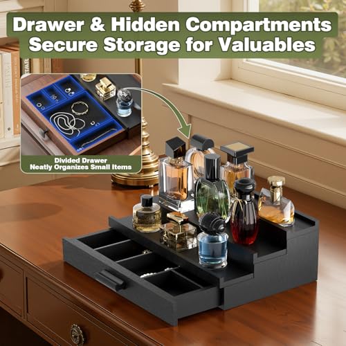 Perfume Cologne Organizer for Men: 3 Tier Wooden Perfumes Stand, Desktop Parfum Holder Wood Display Shelf with Cabinet, Bedroom Dresser Makeup Lotion Jewelry Storage Rack with Drawer