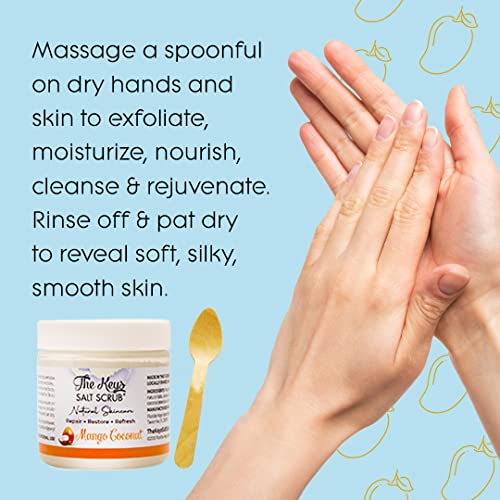 The Keys Salt Scrub -Sea Salt Scrub - Exfoliating Body Scrub with Wooden Spoon - Moisturizing Exfoliator for Hands, Foot, Bath, (3.4 Ounce (Pack of 3), Mango Coconut)