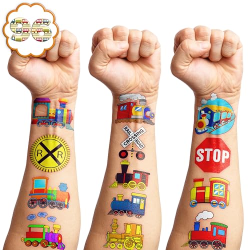 Train Temporary Tattoos Themed Birthday Party Supplies Decorations Favors Decor Cute Stickers Tattoo 8 Sheets 96 PCS Gifts for Kids Boys Girls Classroom Rewards Prizes Christmas