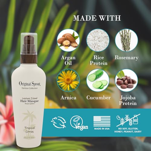 Original Sprout Luscious Island Hair Masque, Hydrating Rinse-Out Conditioning Hair Mask for Dry, Damaged Locks with Jojoba Protein & Argan Oil, Vegan & Cruelty-Free, Tropical Citrus Scent, 3 fl oz