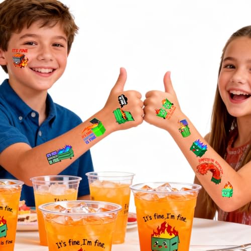 144Pcs Dumpster Fire Temporary Tattoos - Funny Everything's Fine Dumpster Fire Stickers Tattoos Gifts for Office Christmas Team Coworker Nurse Party Decorations Decor