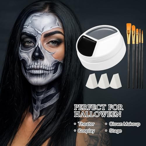 Black White Gray Face Paint Palette ? Oil-Based Grease Makeup 3-in-1 Jar with 5 Brushes & 3 Sponges ? Waterproof, Sweat-Proof, Easy On & Off SFX Makeup for Halloween, Cosplay, Gothic & Stage Looksy
