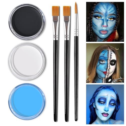 KYDA Black White and Light Blue Face Paint Kit, Face Body Painting Kit with Brush for Sally Corpse Bride Smurf Avatar Mermaid Demon SFX Makeup and Costume Cosplay, Eyes for Spot Games