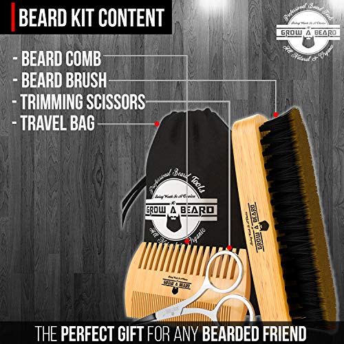 Beard Brush for Men with Beard & Mustache Comb Set, Beard Grooming & Care Kit, Natural Boar Bristle Brush, Dual Action Wood Comb, Grooming Scissors, and Travel Bag, Great Fathers Day, Dad & Men Gifts