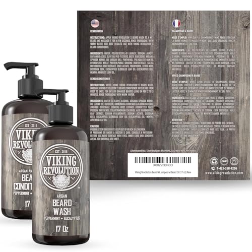 Viking Revolution Beard Wash & Conditioner Set w/Argan & Jojoba Oils ? Softens, Smooths & Strengthens Beard Growth - Natural Peppermint and Eucalyptus Scent - Shampoo (17 oz)