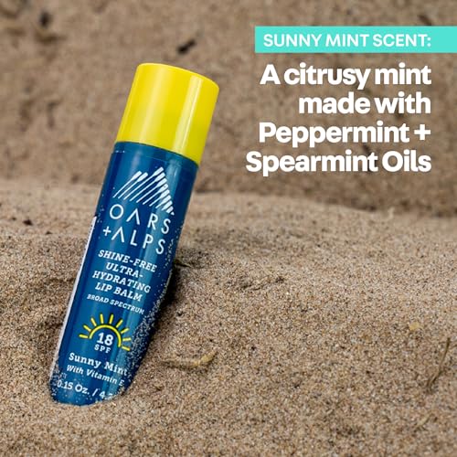 Oars + Alps Lip Suncreen, SPF 18 Lip Balm, Shine Free Sunscreen for Lips, Infused with Vitamin E, Peppermint & Spearmint, Water & Sweat Resistant, Moisturizing, Hydrating, Sunny Mint Scent, 3pk