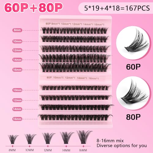 Eyelash Extension Kit 167pcs DIY Individual Eyelashes Kit Cluster Lashes D Curl 8-16mm Lash Extension Kit with Lash Bond Lash Remover Lash Kit Set(60D+80D-8-16Mix Kit)