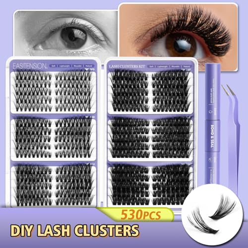 DIY Lash Clusters Kit Pre Mapped 30-100D Volume Eyelash Extension Kit 8-16mm Thick Individual Lashes 530 pcs with Lash Bond and Seal, Lash Tweezers, Super Thin Band Eyelashes