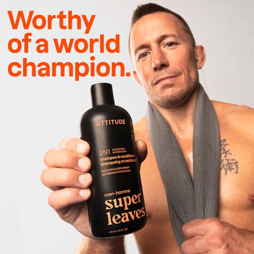 ATTITUDE Men's Shampoo and Conditioner 2-in-1, Nourishing For Dry Hair and Scalp, With Panthenol and Ginseng, 97% Natural Origin Ingredients, EWG Verified, Patchouli & Bourbon, 14 Fl Oz (Pack of 3)